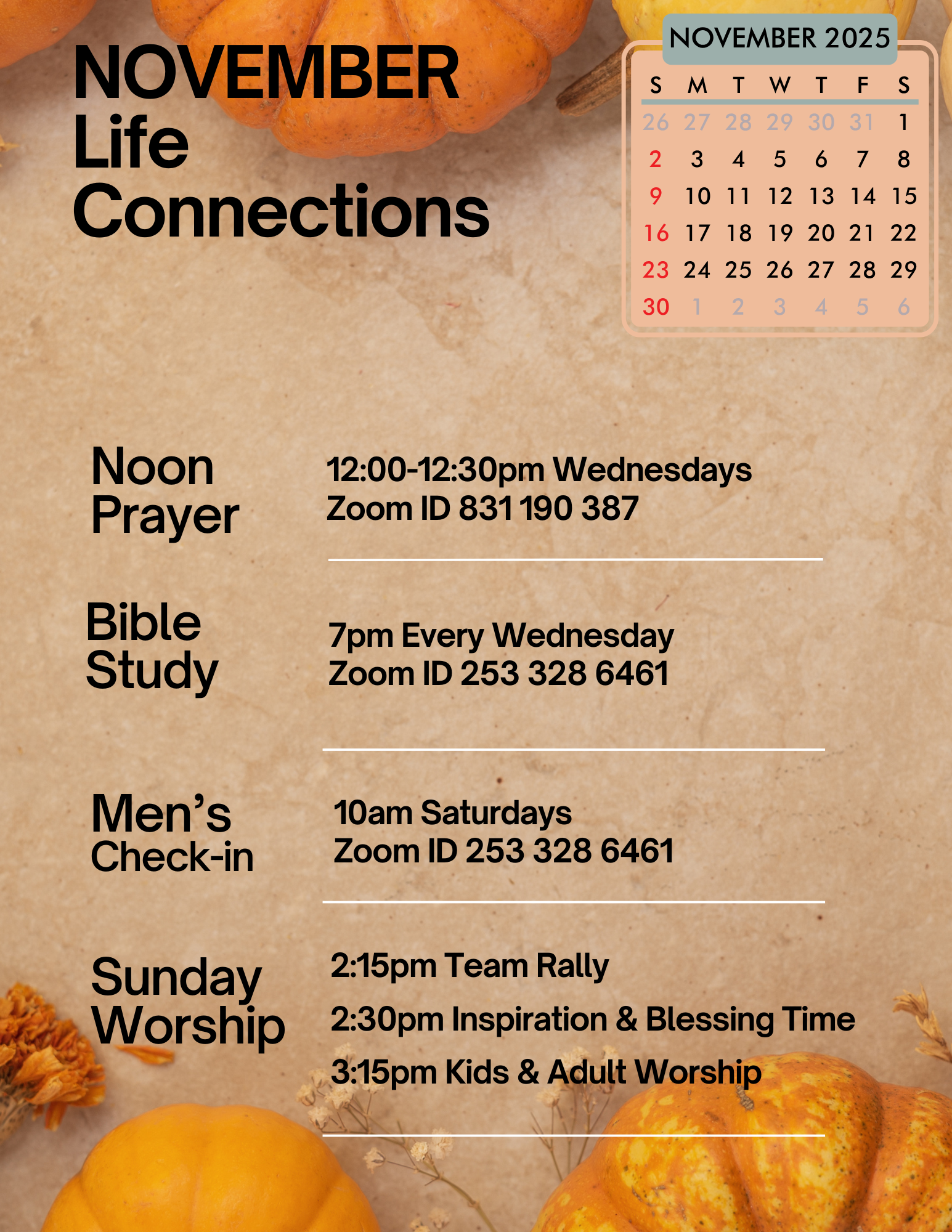 A poster for sunday speakers and schedule for May