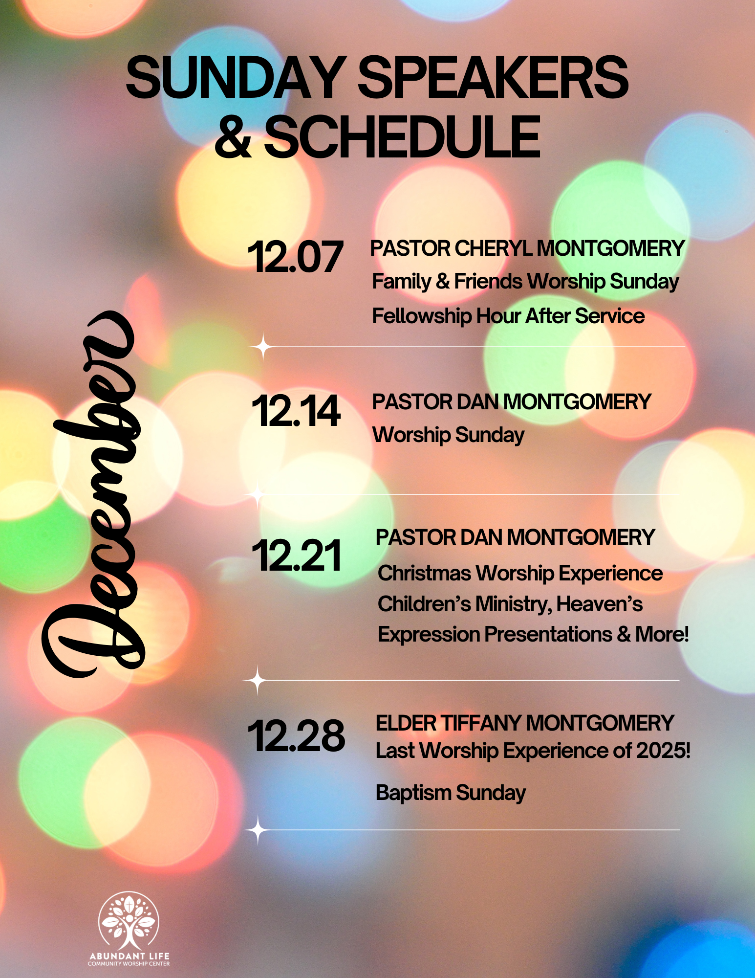 December church schedule featuring various speakers: Cheryl, Dan, & Tiffany Montgomery; events include worship & baptism.