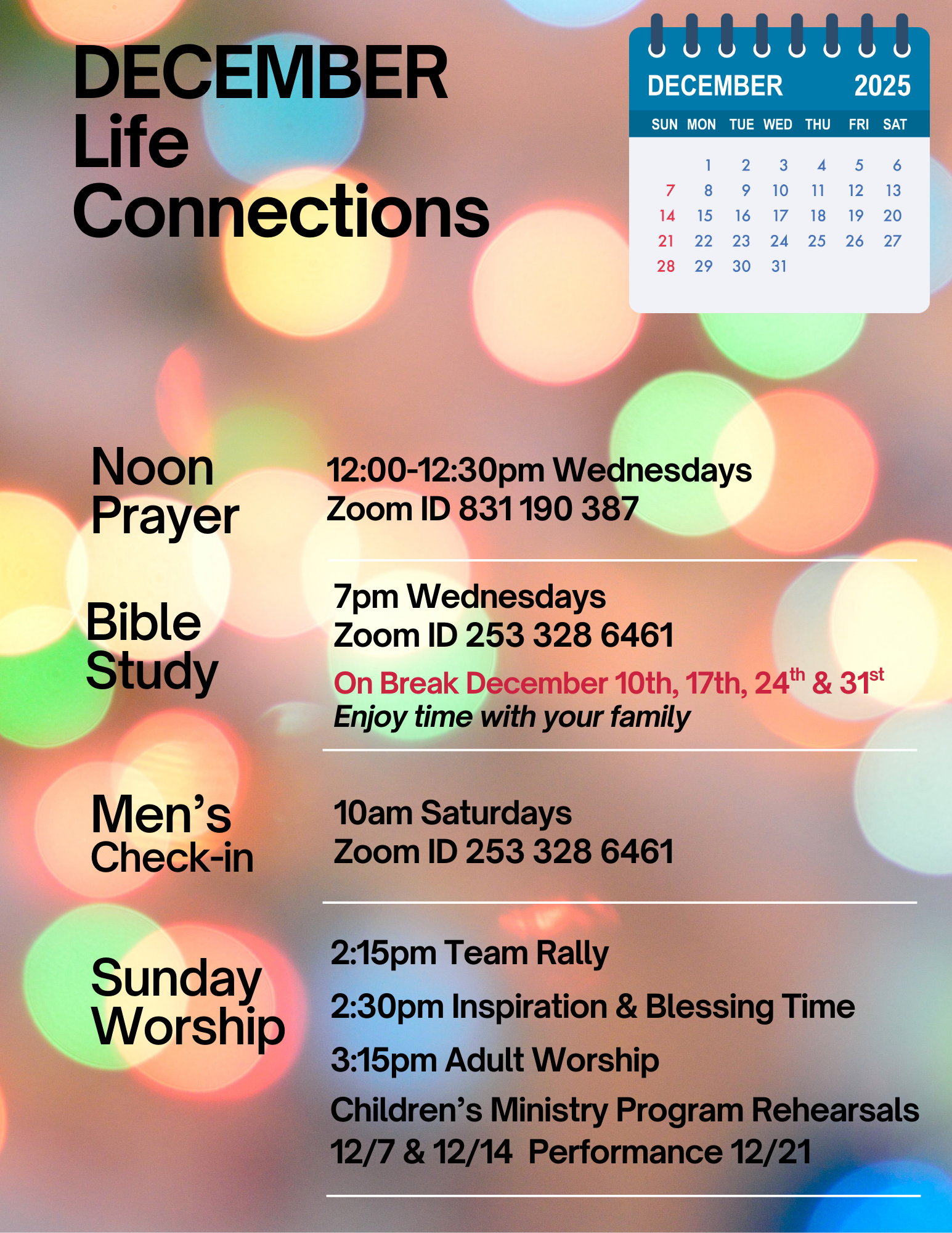 Flyer for December life connections with event times and Zoom IDs. Includes prayer, bible study, men's check-in, and Sunday worship.