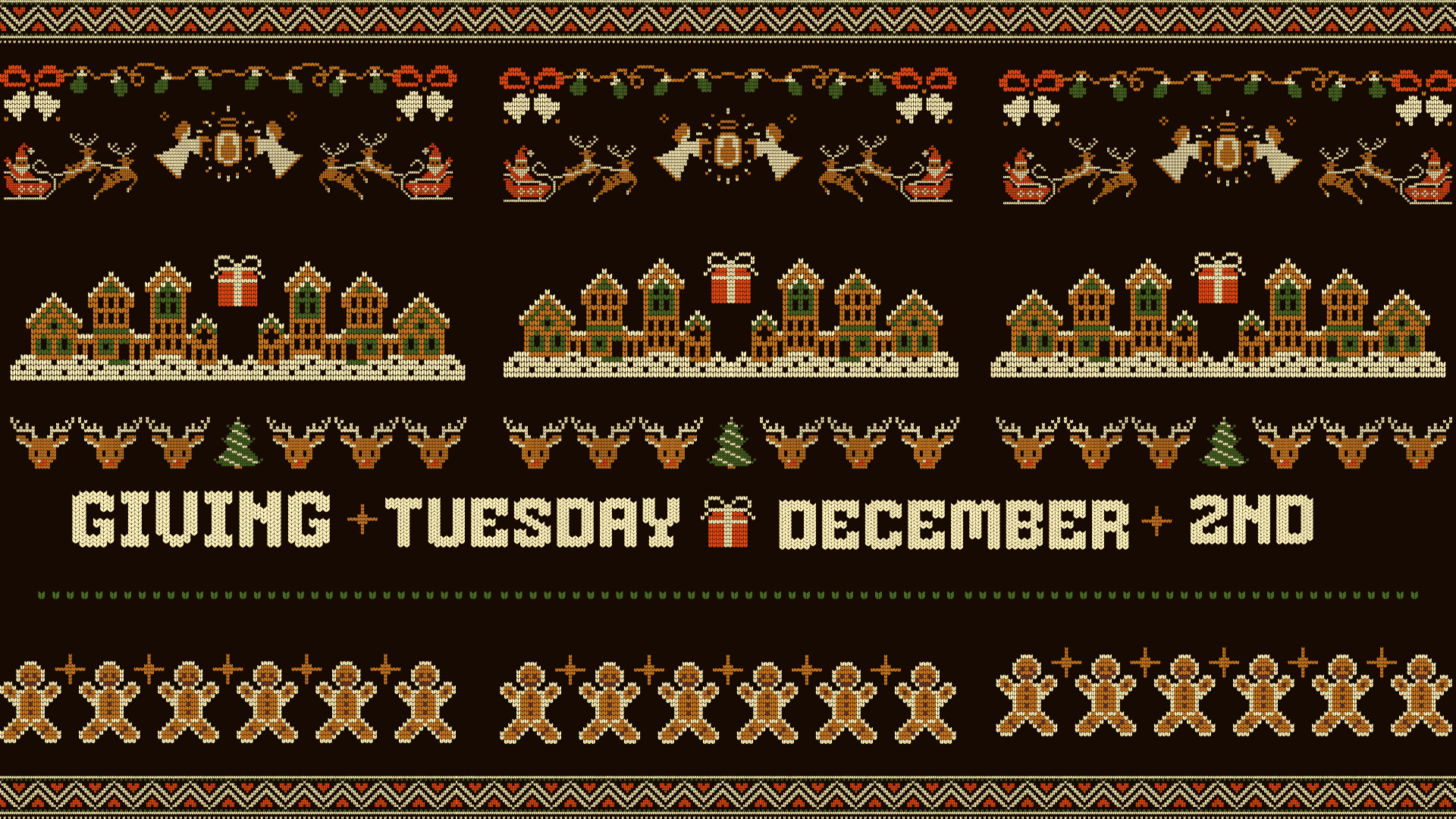 Pixelated Christmas-themed graphic, featuring reindeer, gingerbread houses, and gingerbread men. Text: Giving Tuesday, December 2nd. Pixelated Christmas-themed graphic, featuring reindeer, gingerbread houses, and gingerbread men. Text: Giving Tuesday, December 2nd.