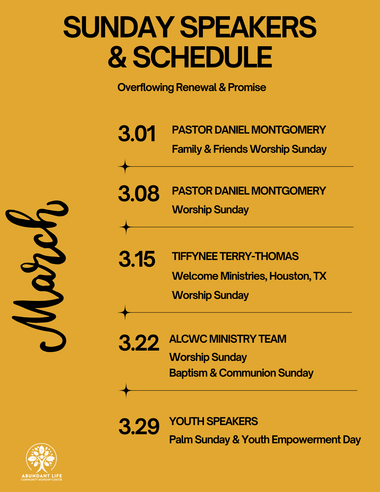 February church schedule with speakers and dates: 2.01, 2.08, 2.15, 2.22. Pink gradient background.