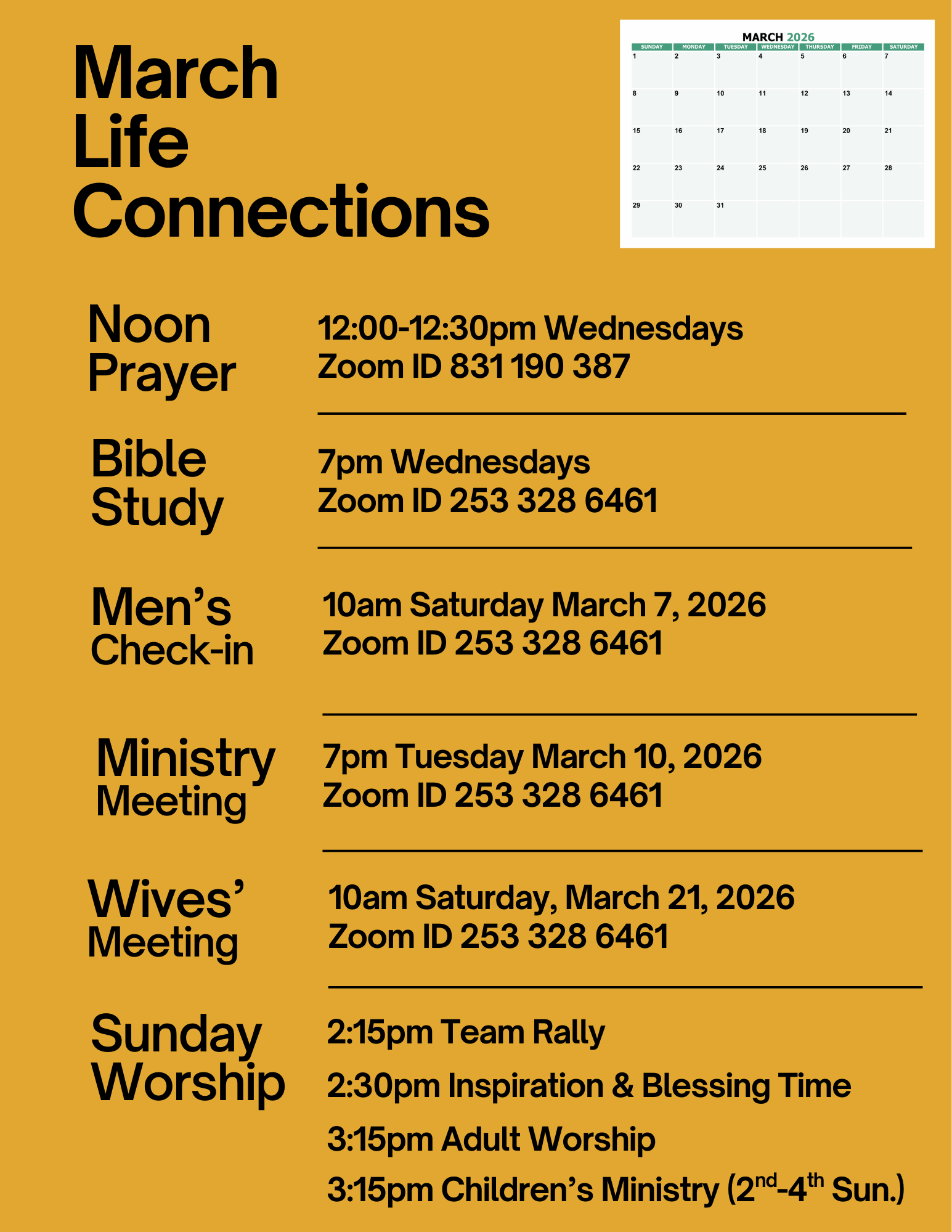 February Life Connections schedule with Zoom meetings and Sunday worship times.