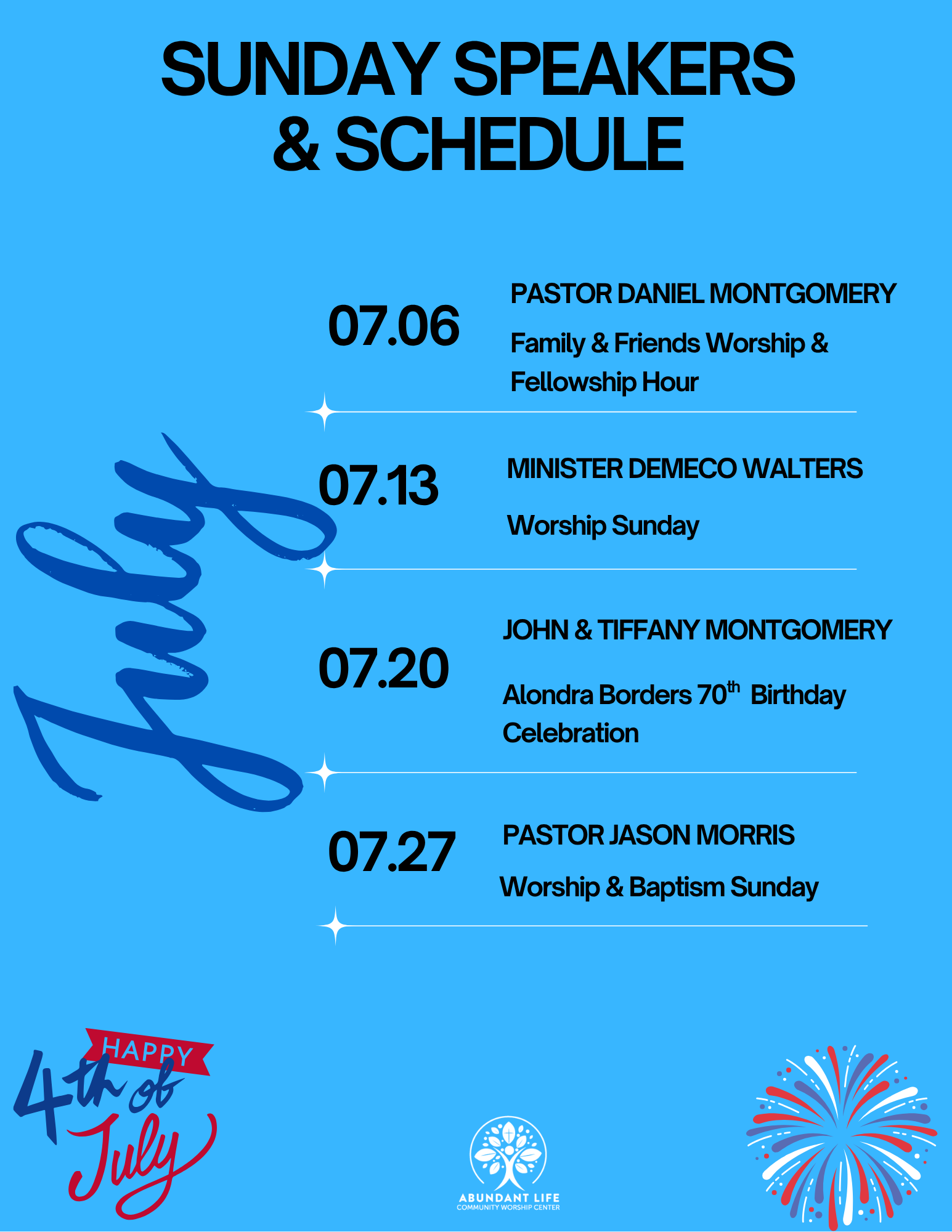 A poster for sunday speakers and schedule for May