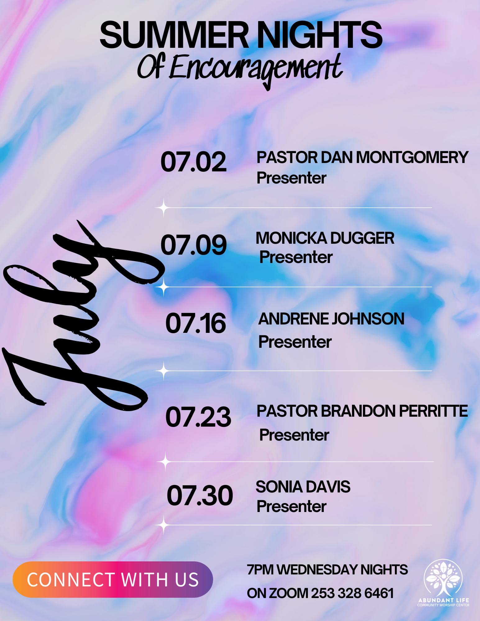 A poster for sunday speakers and schedule for May