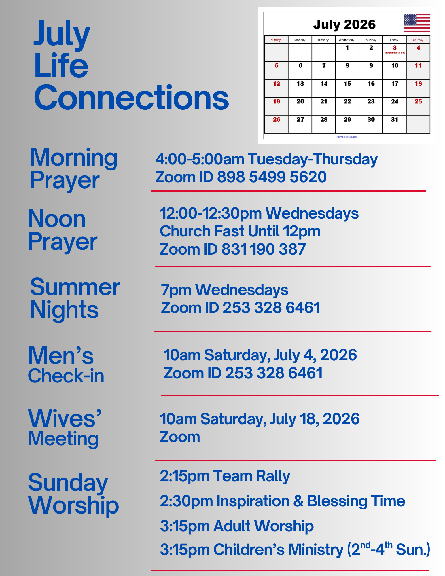 April Life Connections schedule with Zoom meetings and Sunday worship times.