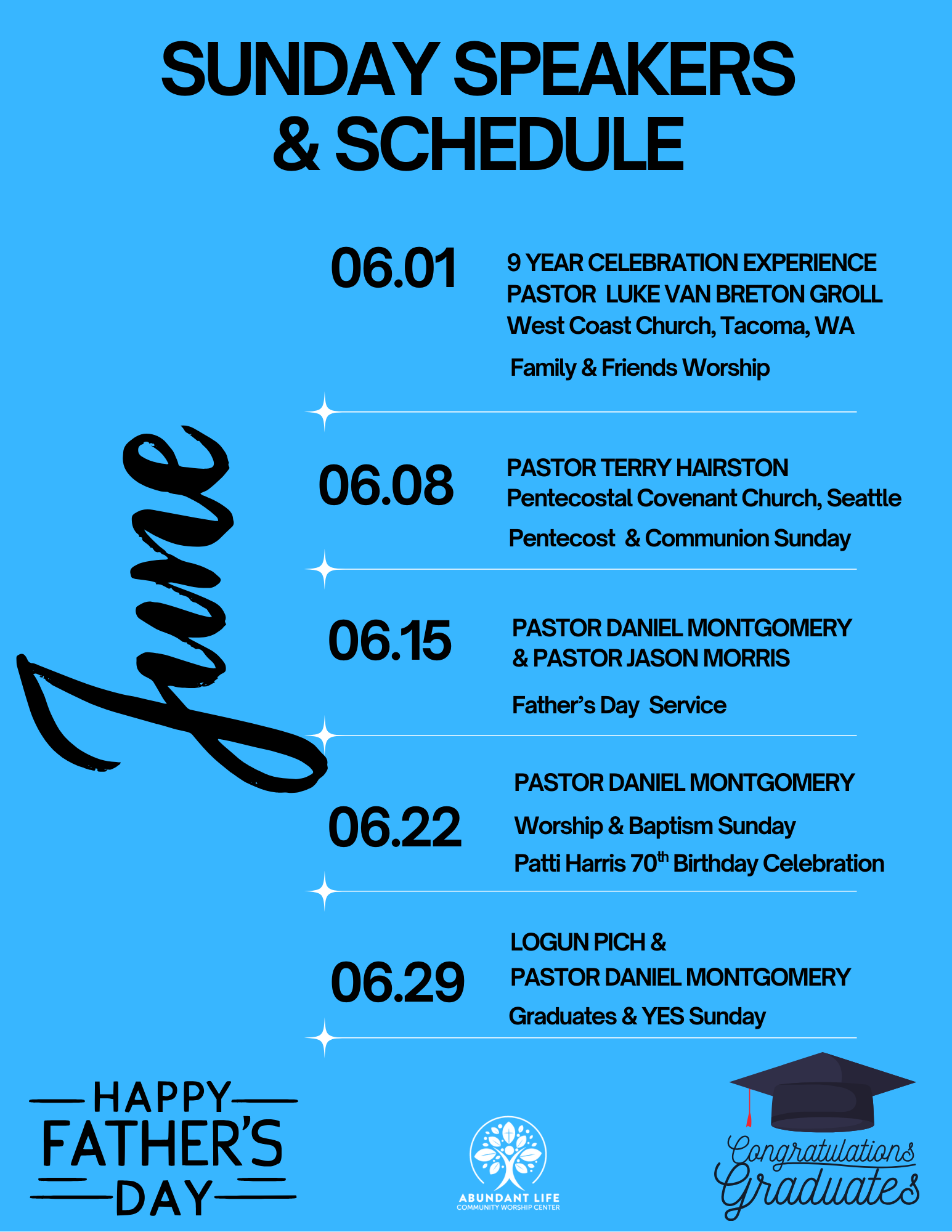 A poster for sunday speakers and schedule for May