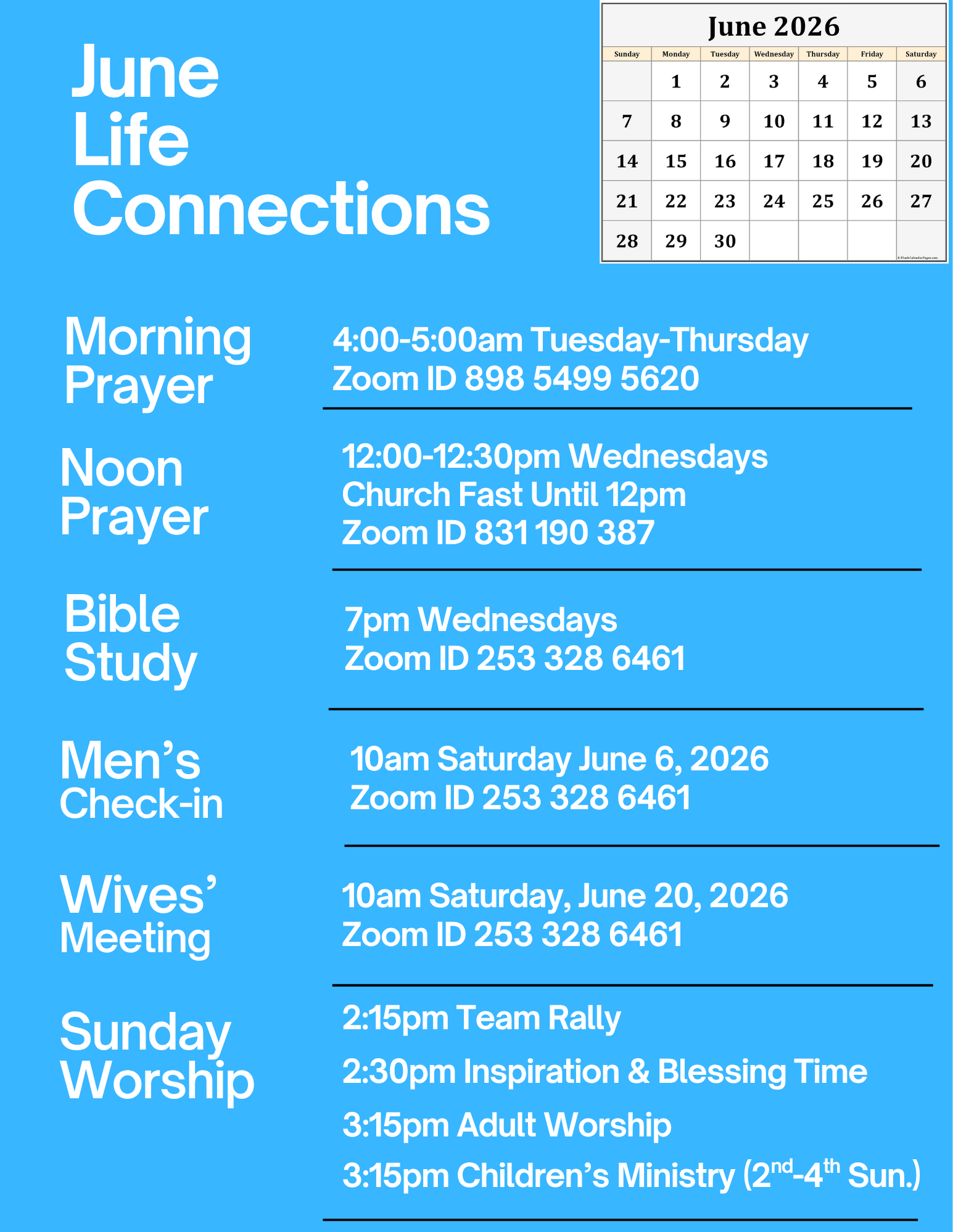 April Life Connections schedule with Zoom meetings and Sunday worship times.