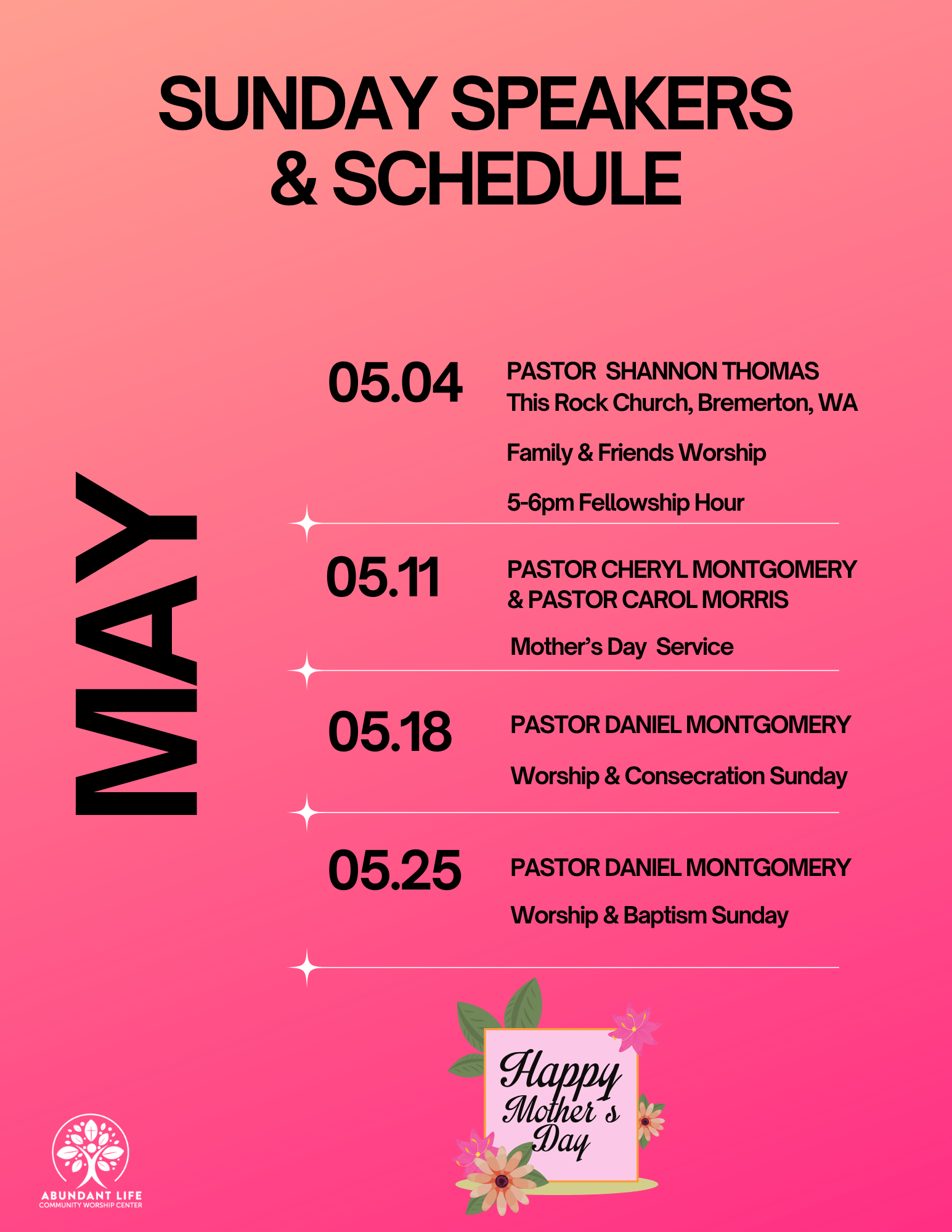 A poster for sunday speakers and schedule for May