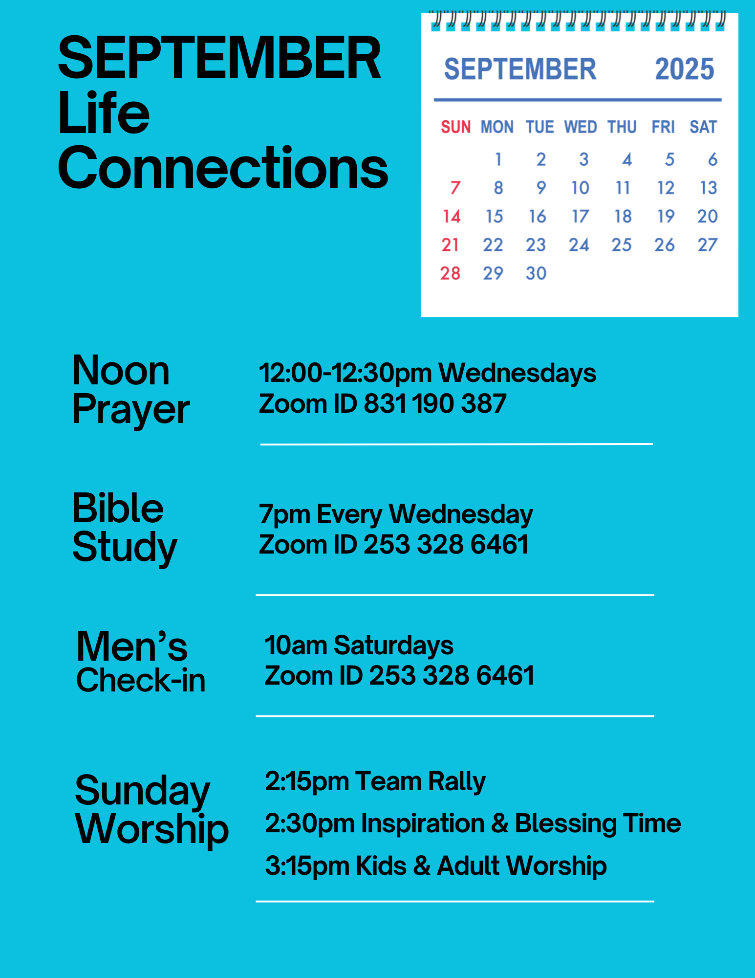 A poster for sunday speakers and schedule for May