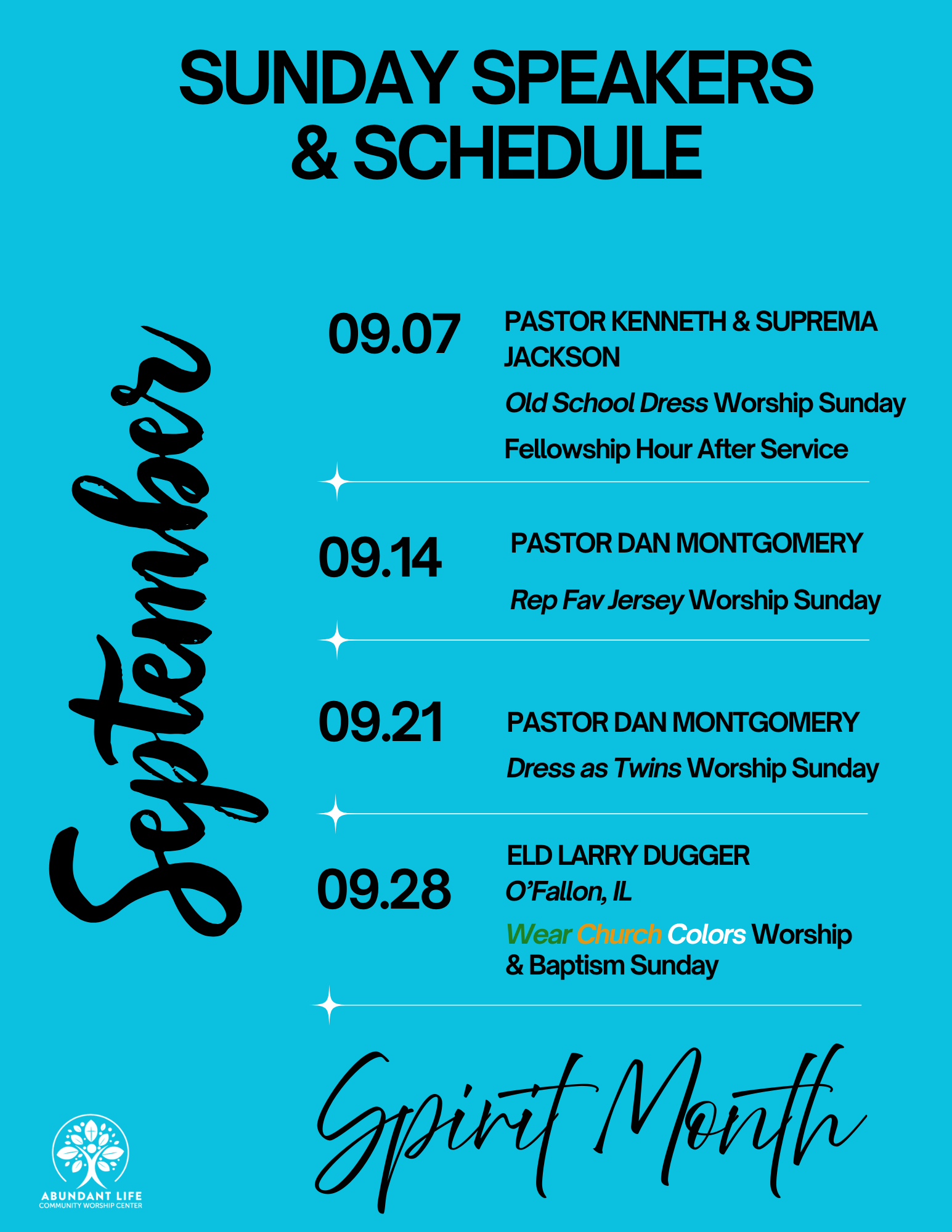 A poster for sunday speakers and schedule for May