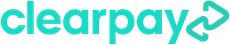 The ClearPay logo in turquoise with a double arrow symbol to the right.