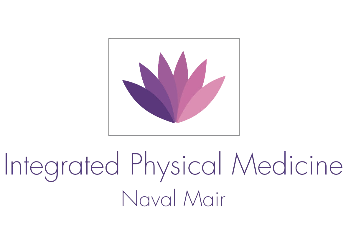 The logo for Naval Mair Physical Medicine has a purple flower on it.