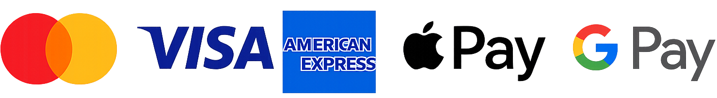 Logos for payment methods: Mastercard, Visa, American Express, Apple Pay, Google Pay.