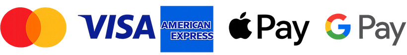 Logos for payment methods: Mastercard, Visa, American Express, Apple Pay, Google Pay.