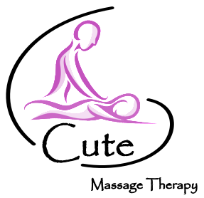 Cute Massage Therapy logo, represented by a pink cartoon with the company name embedded