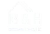 A white logo for a company called b & h custom buildings llc.