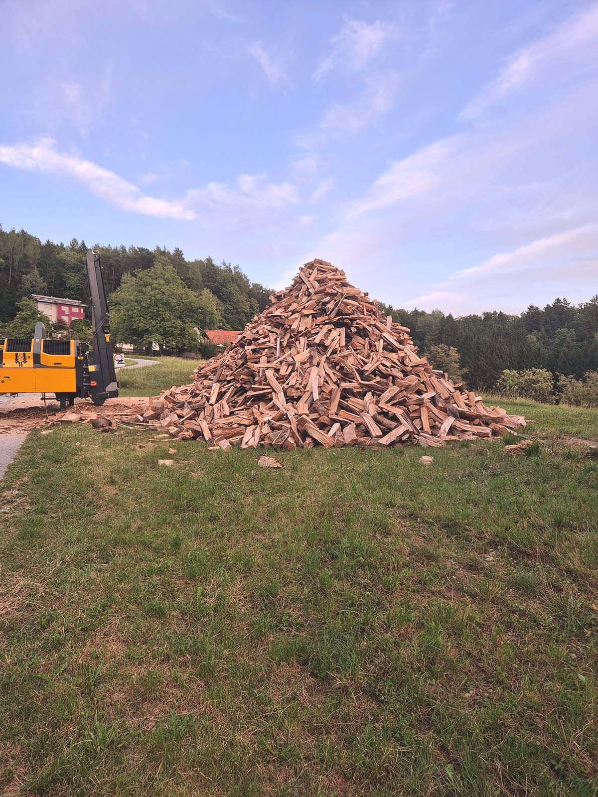 Stapel gehacktes Brennholz auf einem grasbewachsenen Hügel neben einem Holzspalter. Grünes Gras, Bäume, blauer Himmel.