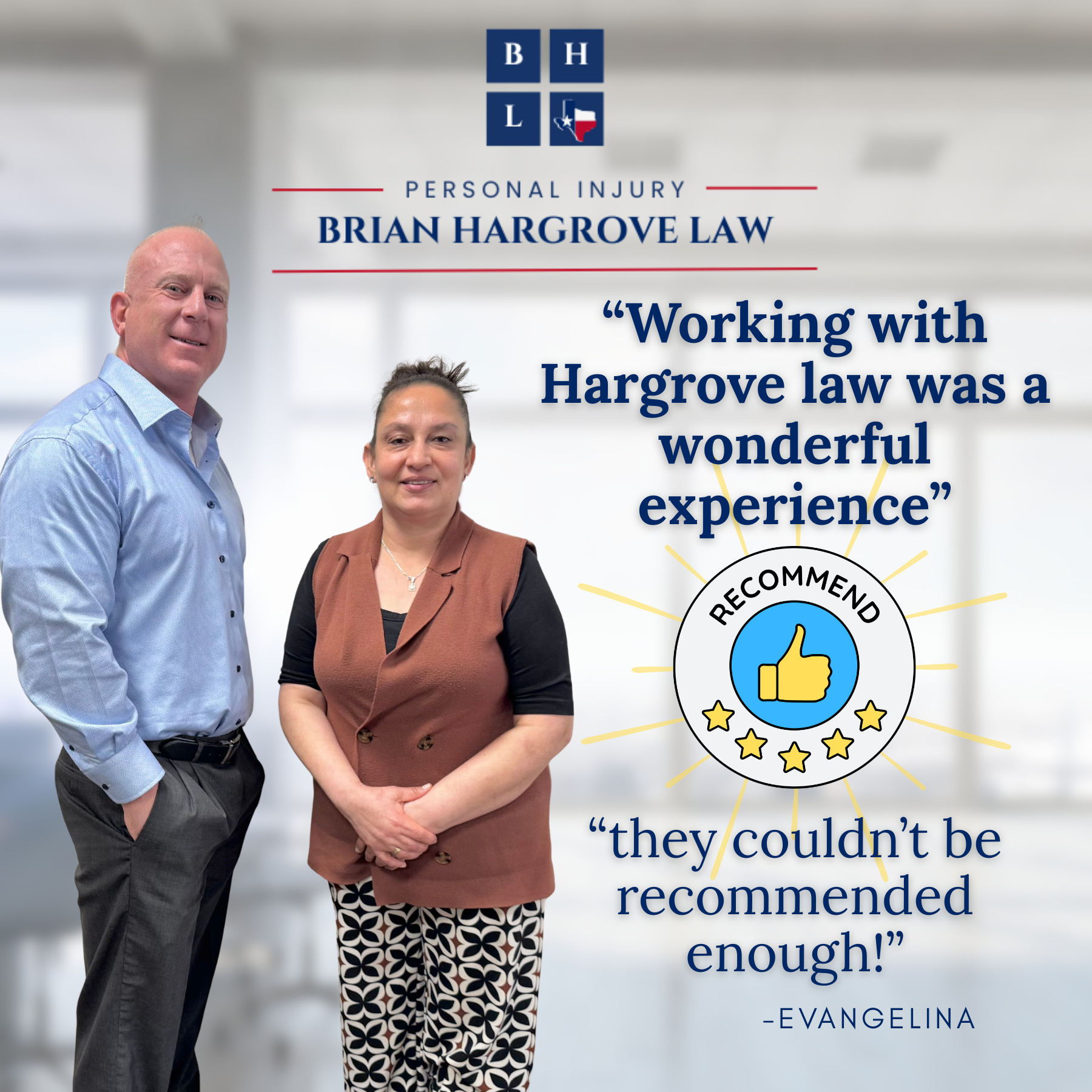Car accident attorney Brian Hargrove and his happy client stand next to one another, smiling. The law firm logo is above them, and to the right is a quote from the client: “Working with Hargrove Law was a wonderful experience. They could be recommended enough!”