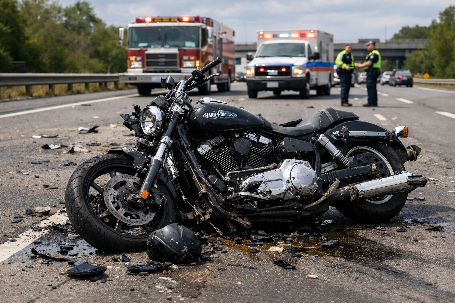 A Harley Davidson motorcycle is wrecked in the middle of a Texas highway. Emergency vehicles and first responders are in the background.