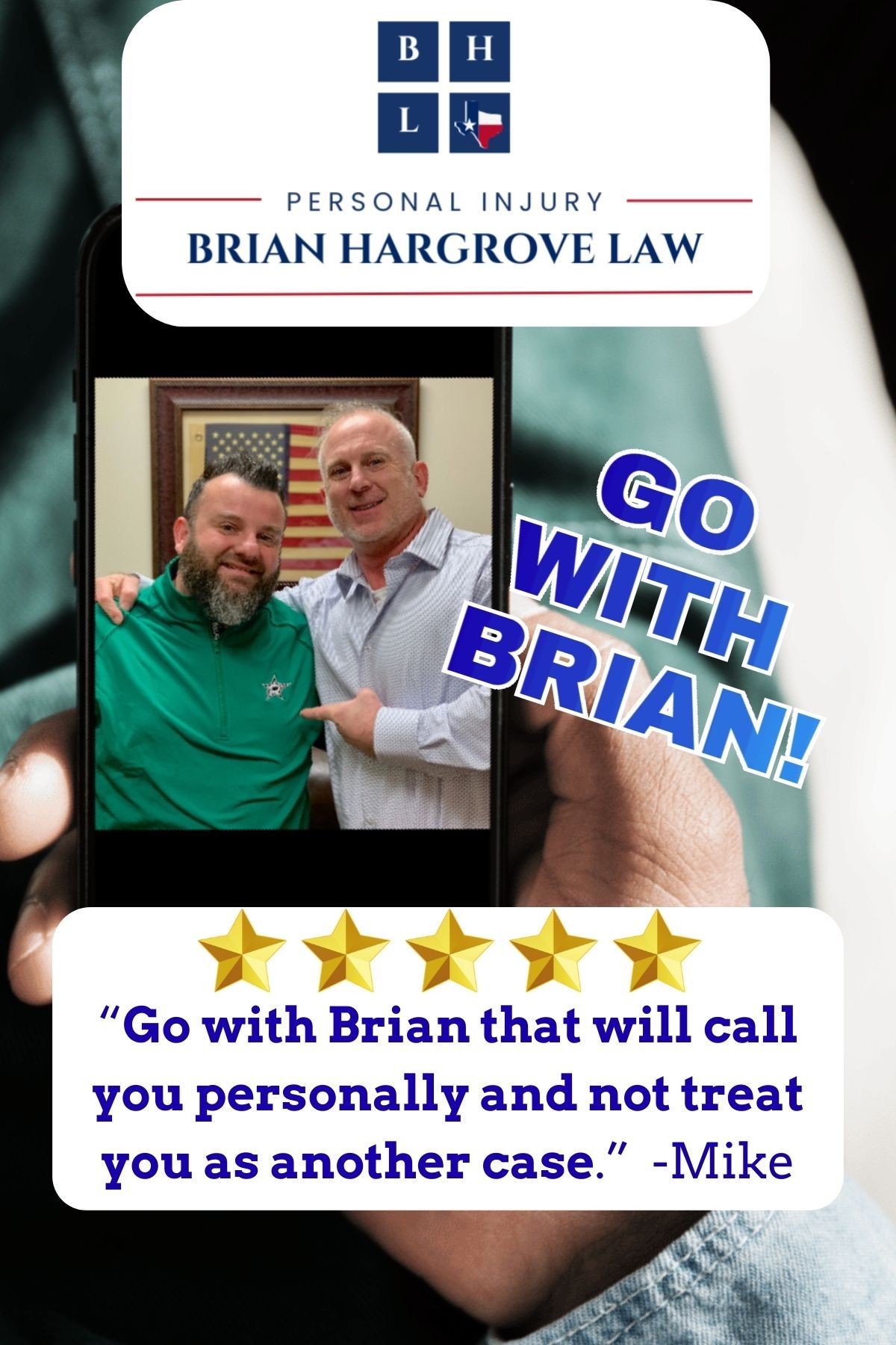 Truck accident attorney Brian Hargrove and client stand next to one another, smiling. An American flag is framed behind them.