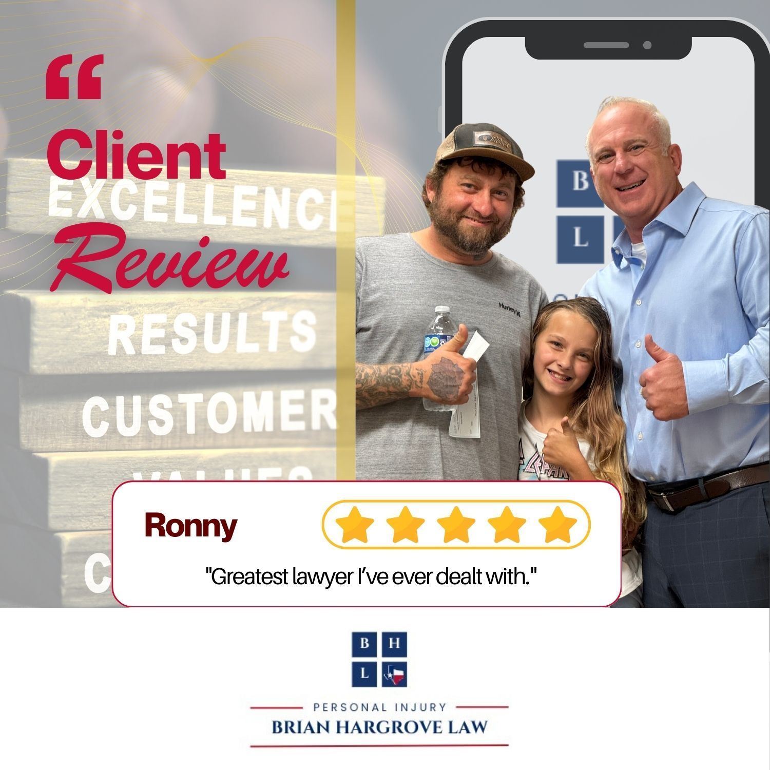 Car accident attorney Brian Hargrove and client stand next to one another, smiling. An American flag is framed behind them