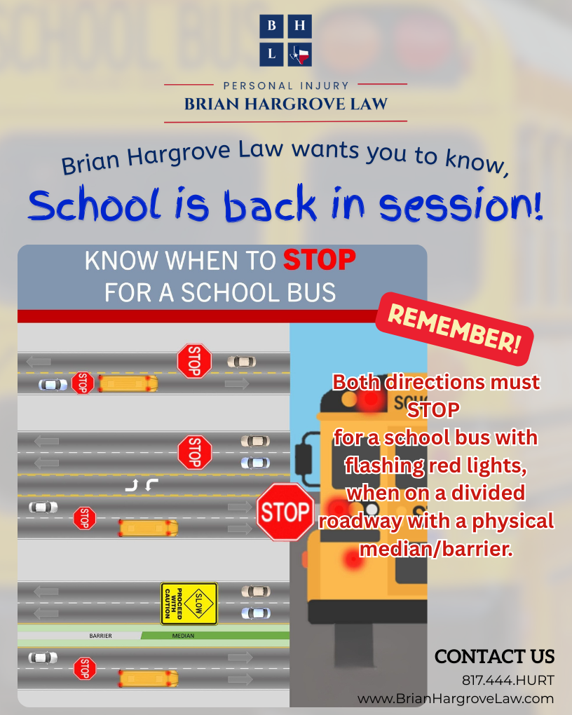 Texas school bus safety infographic showing when drivers must stop for school buses.