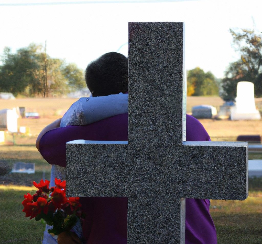 A couple hugging in front of a cross in a cemetery