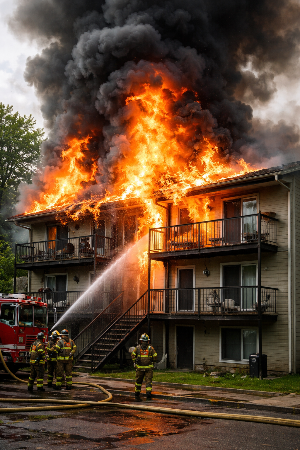 A three-story apartment building is ablaze. Several firefighters are trying to manage the fire with the fire house.