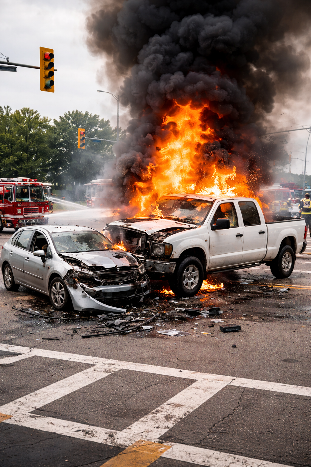 A car and a truck collided in an intersection and caught on fire.
