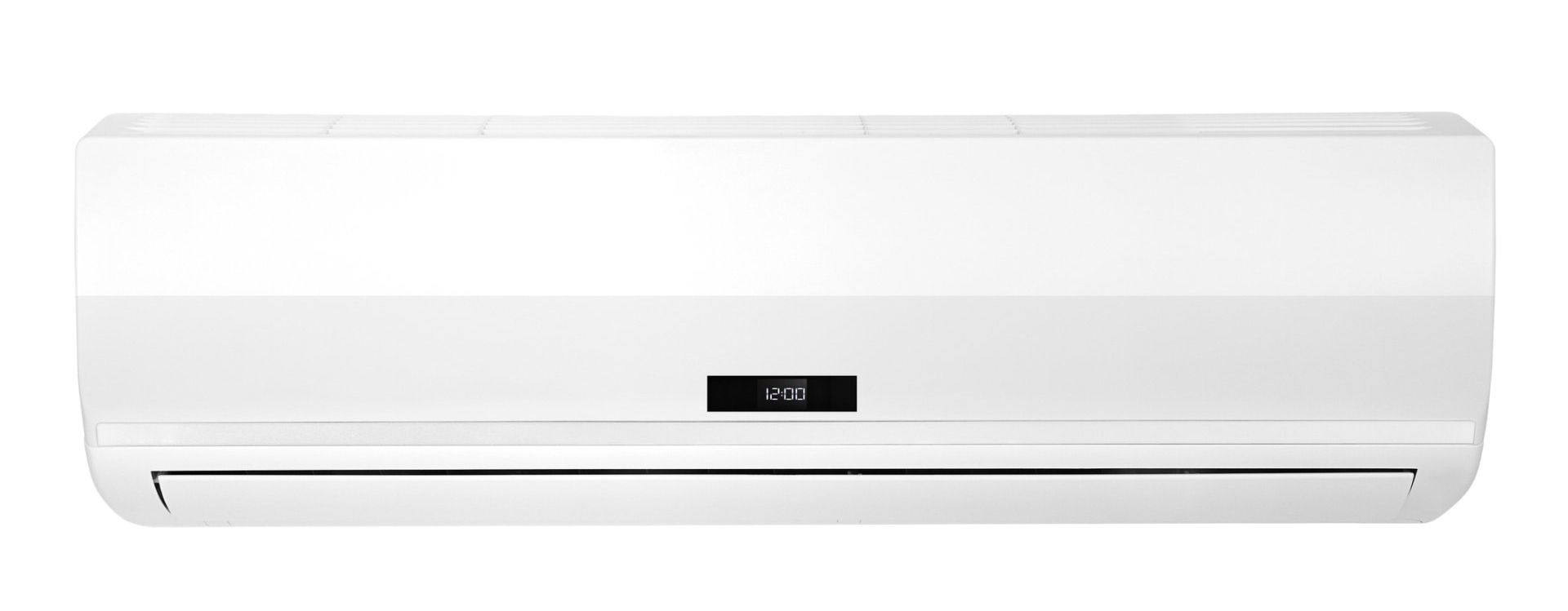 A white air conditioner is hanging on a wall on a white background.