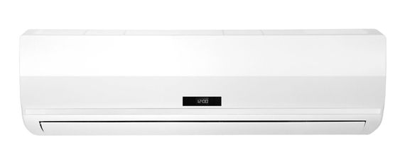 A white air conditioner is hanging on a wall on a white background.