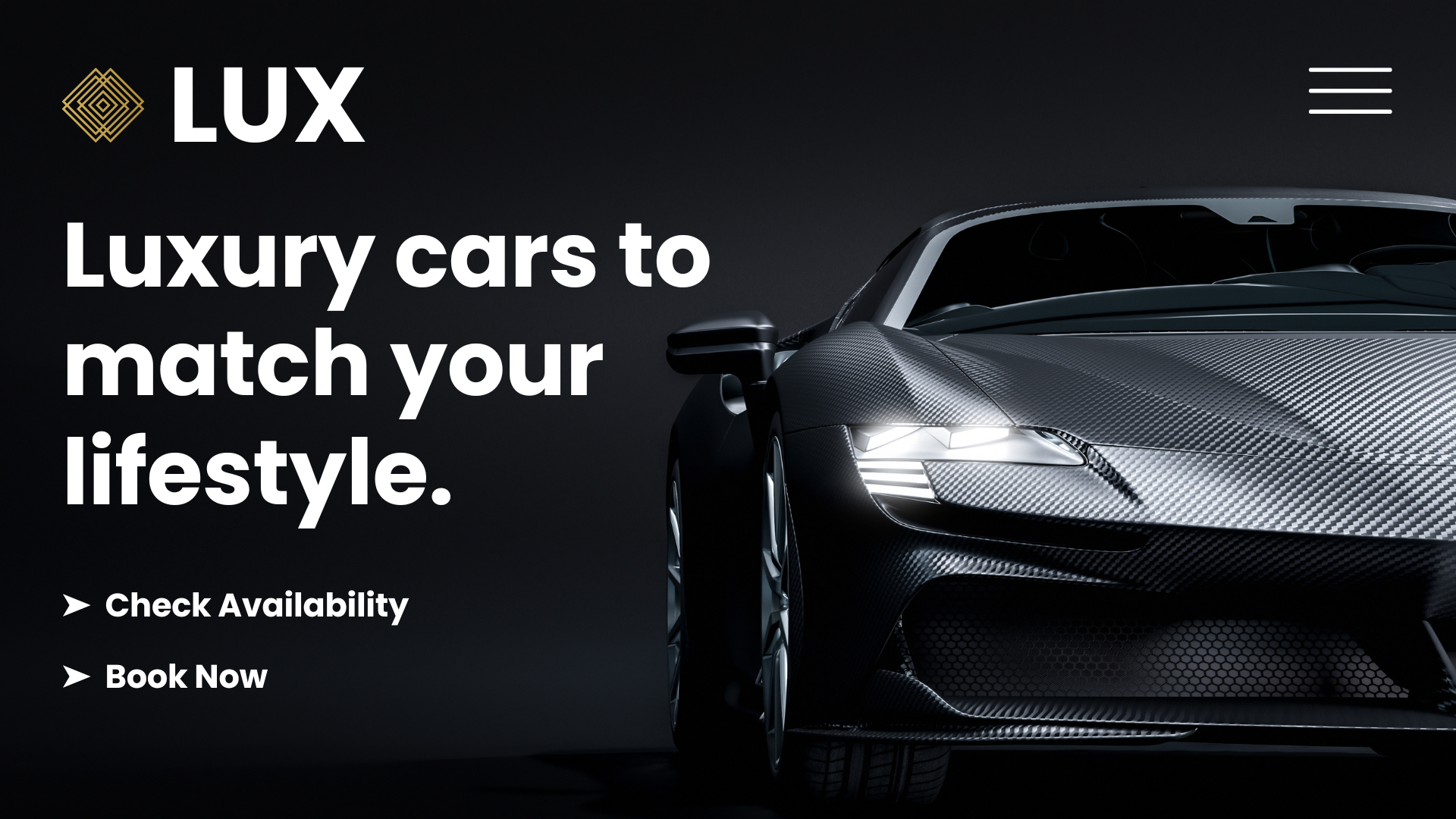 Homepage banner for LUX featuring a luxury carbon-fiber sports car, with text for checking availability and booking.