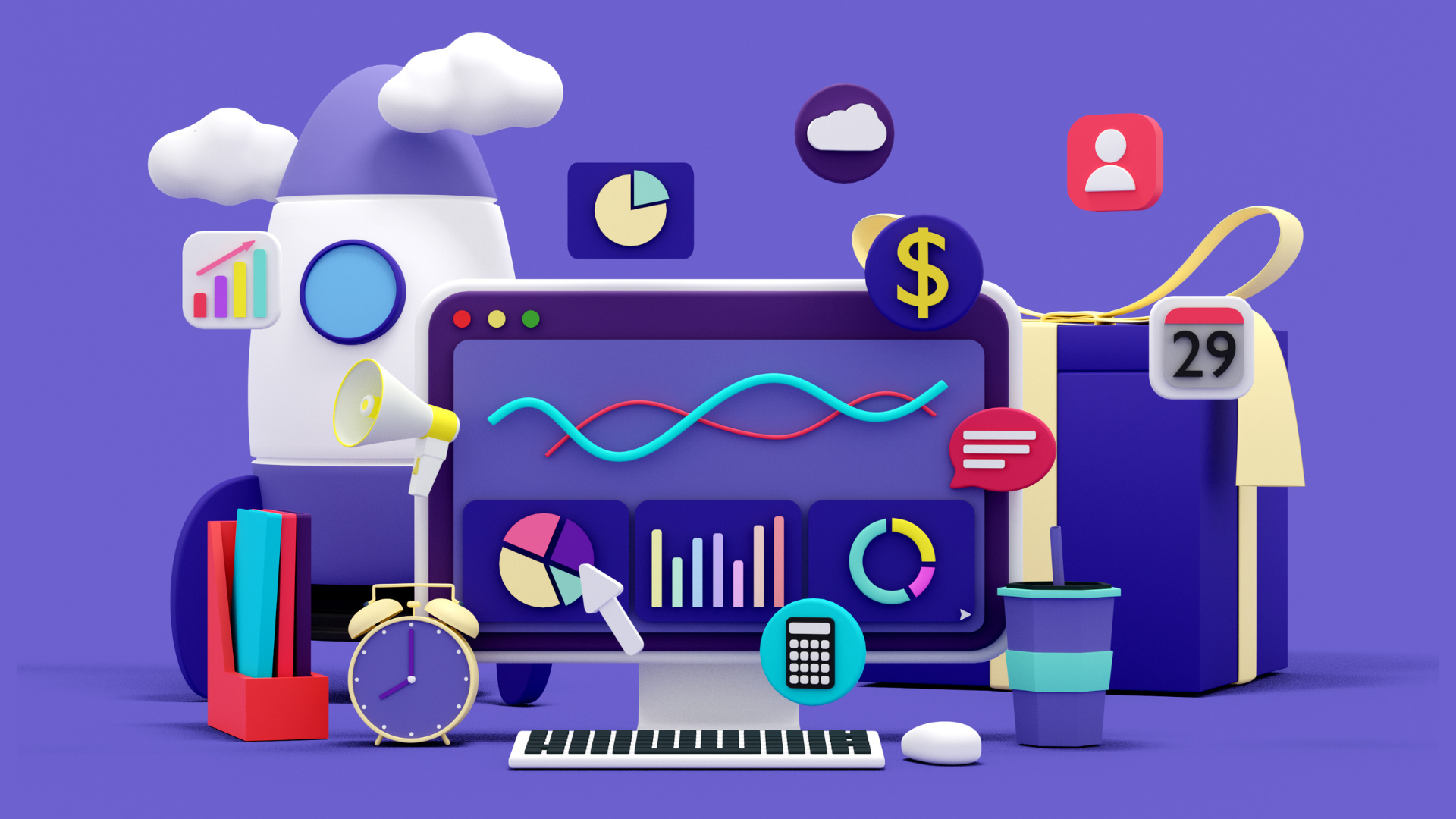 3D illustration of a computer showing data charts, surrounded by icons of a rocket, gift, calendar, and office supplies.