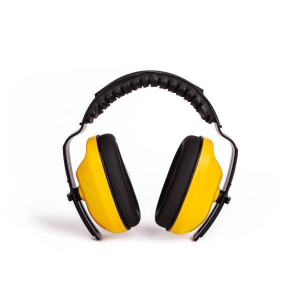 A pair of yellow and black ear muffs on a white background.