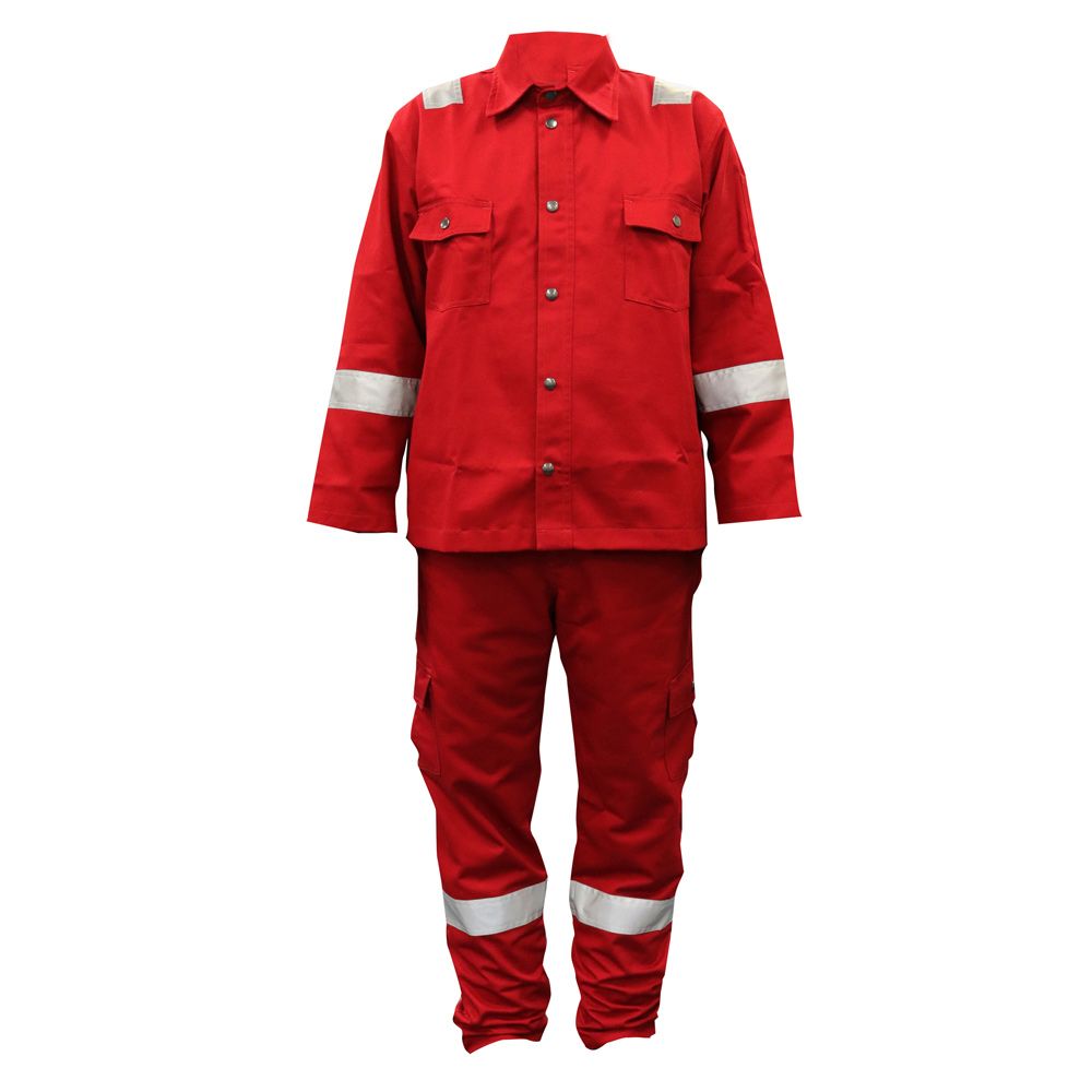 A red safety suit with reflective stripes on the sleeves and pants