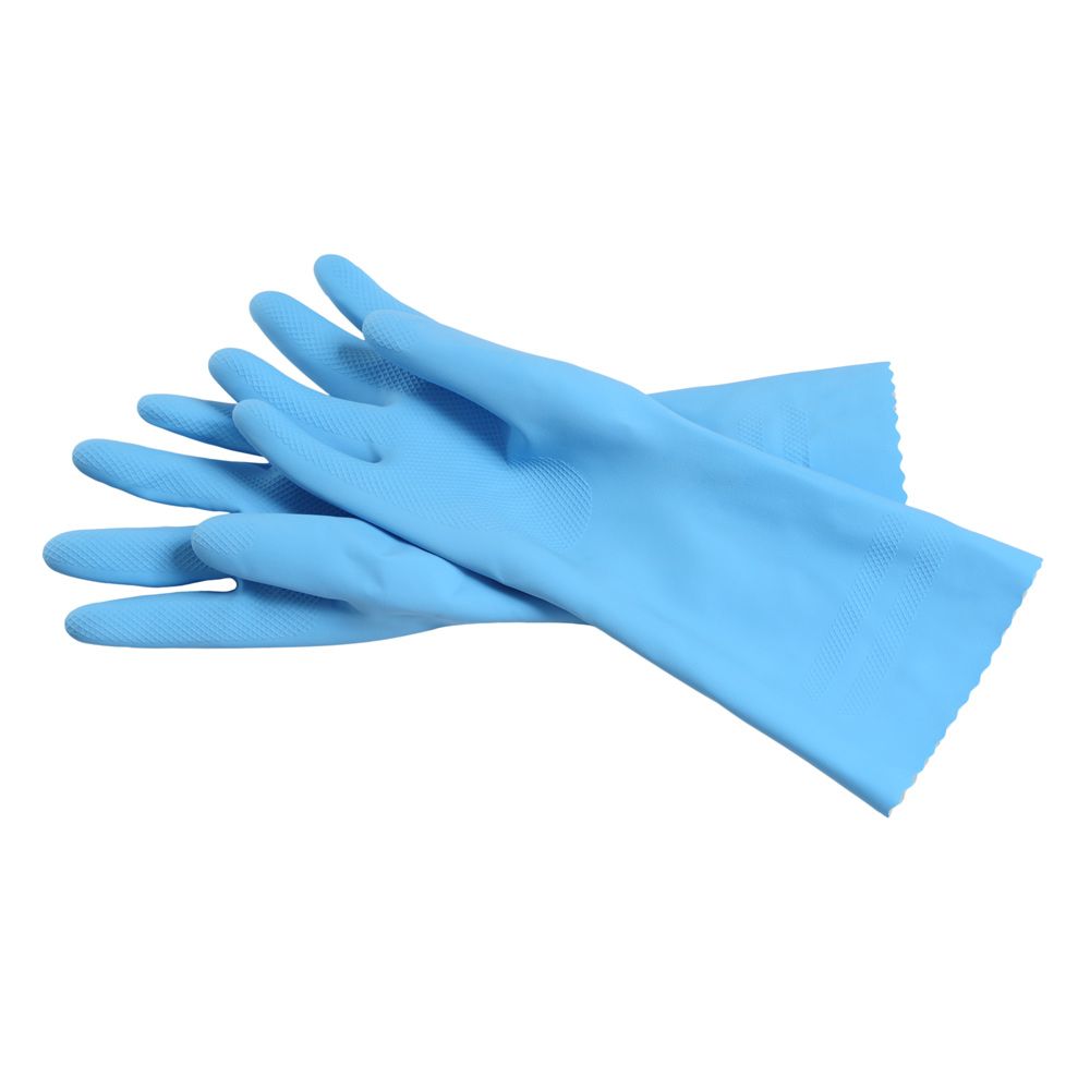 A pair of blue rubber gloves on a white background