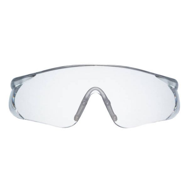 A pair of clear safety glasses on a white background.