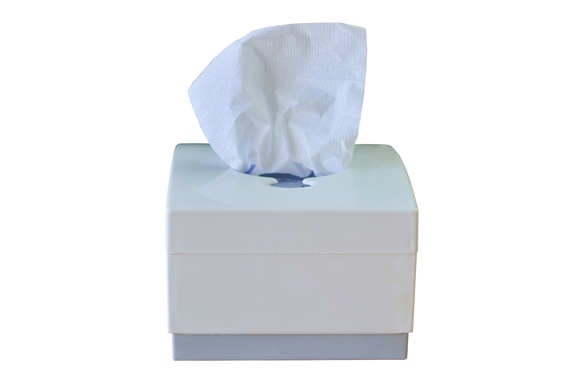 A white box filled with tissues on a white background.