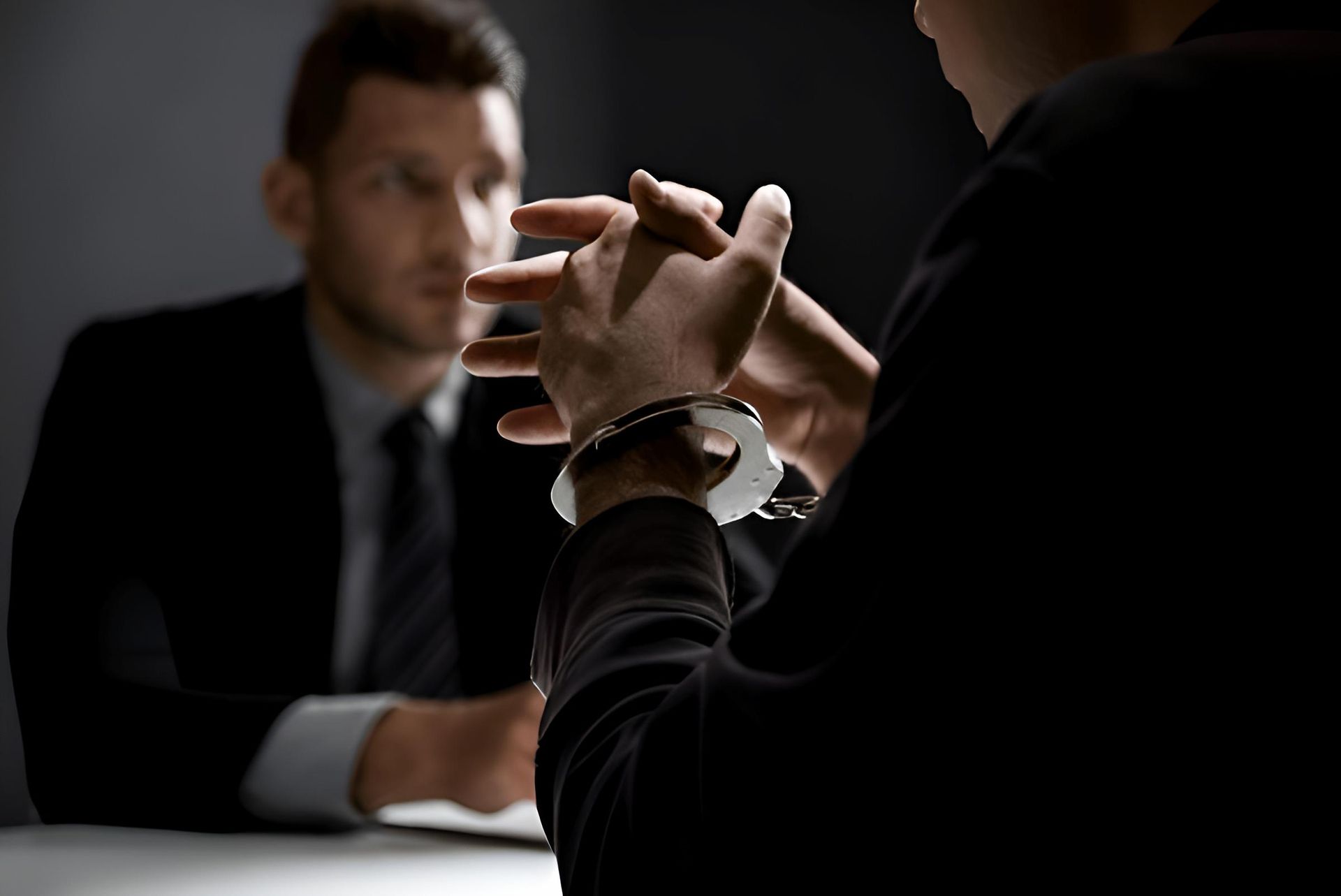 A Man in Handcuffs is Sitting at a Table With a Lawyer — O'Reilly & Sochacki Lawyers in Murwillumbah, NSW
