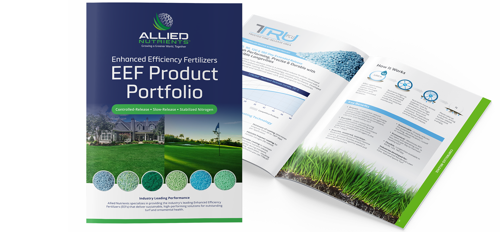 An image of the front cover and inside page of the allied nutrients EEF product portfolio. The inside page is turned to TTRU