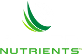 Allied nutrients logo featuring a gradient interwoven globe with 3 blades of grass extending from the left side. The words allied nutrients are below in white and green