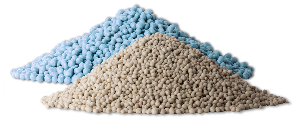 a pile of the product TTRN, blue and tan standard size SGN granules