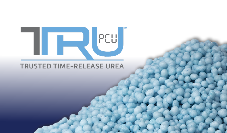 A circle image of TTRU controlled release fertilizer with grey and blue logo atop blue fertilizer