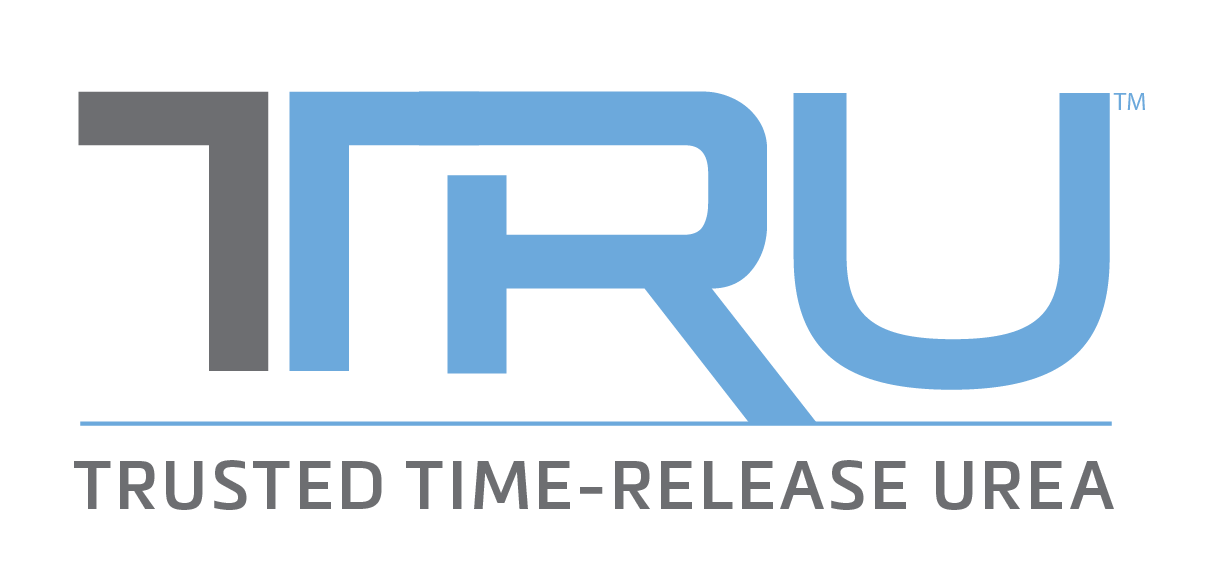 the logo for trusted time release urea is blue and gray .