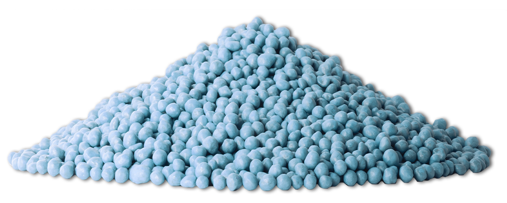 a pile of the product TTRP, blue and tan standard size SGN granules