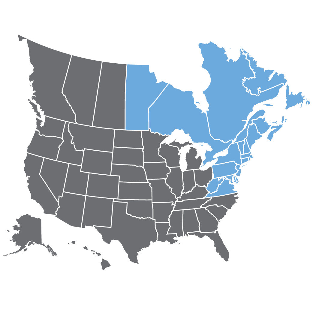 a map of the united states and canada highlighting the ne mid-atlantic area in light blue