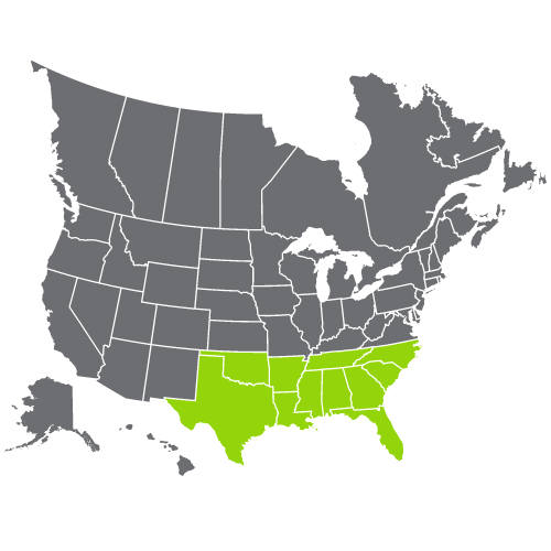 a map of the united states with the southeast region highlighted light green