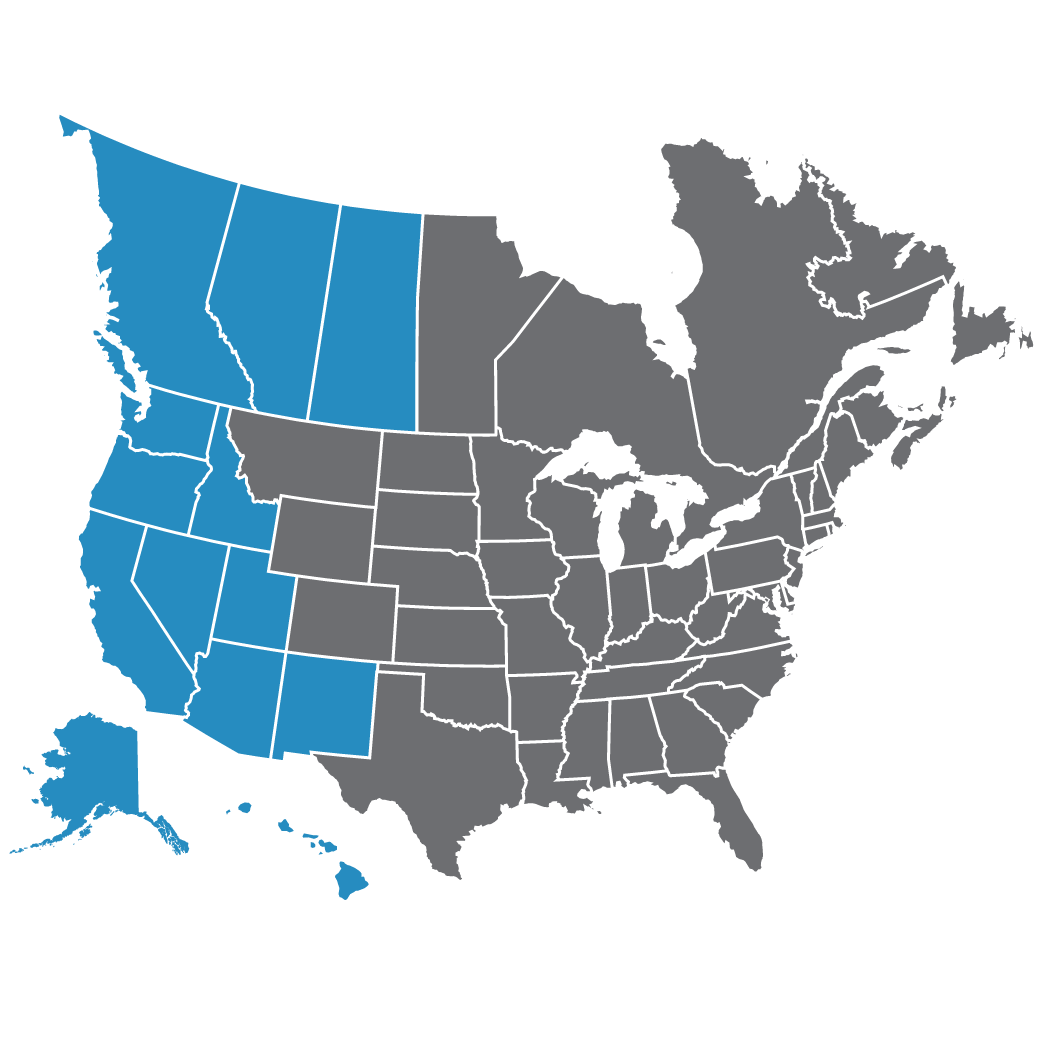 a map of the united states showing the west states highlighted in blue