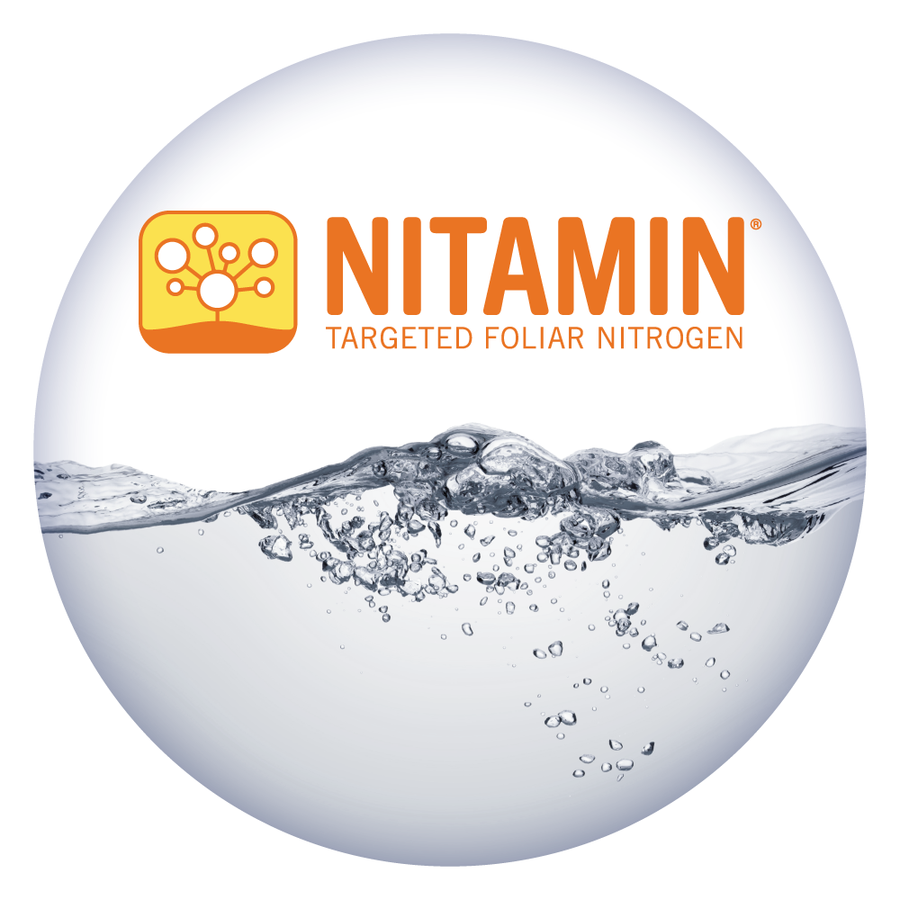 A logo for nitamin targeted foliar nitrogen with bubbles in the water