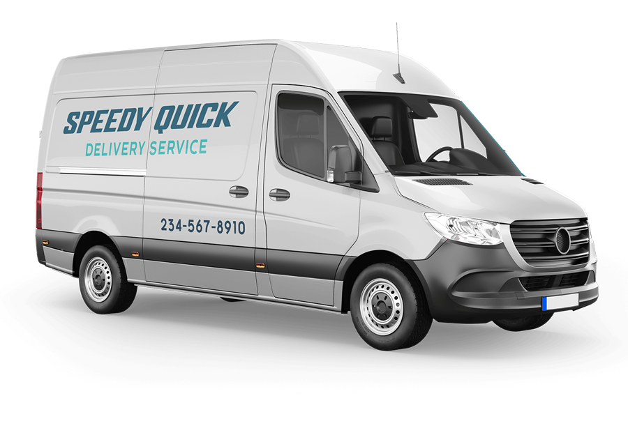 A white van with the words `` speedy quick delivery service '' on the side.